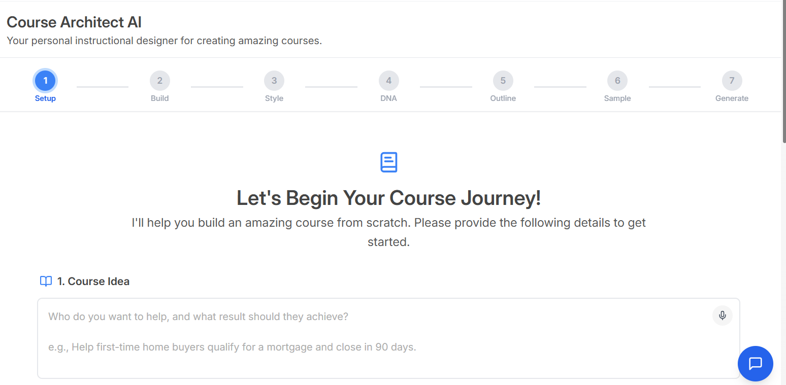 Course Architect AI — 7-step guided course creation from idea to generation