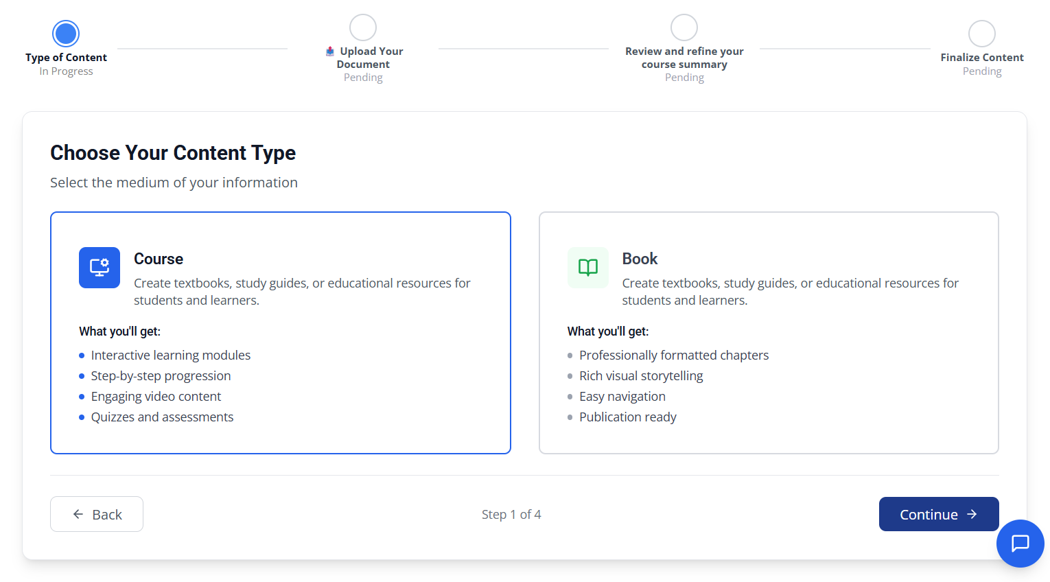 Course Creation Wizard — Choose content type with guided 4-step workflow